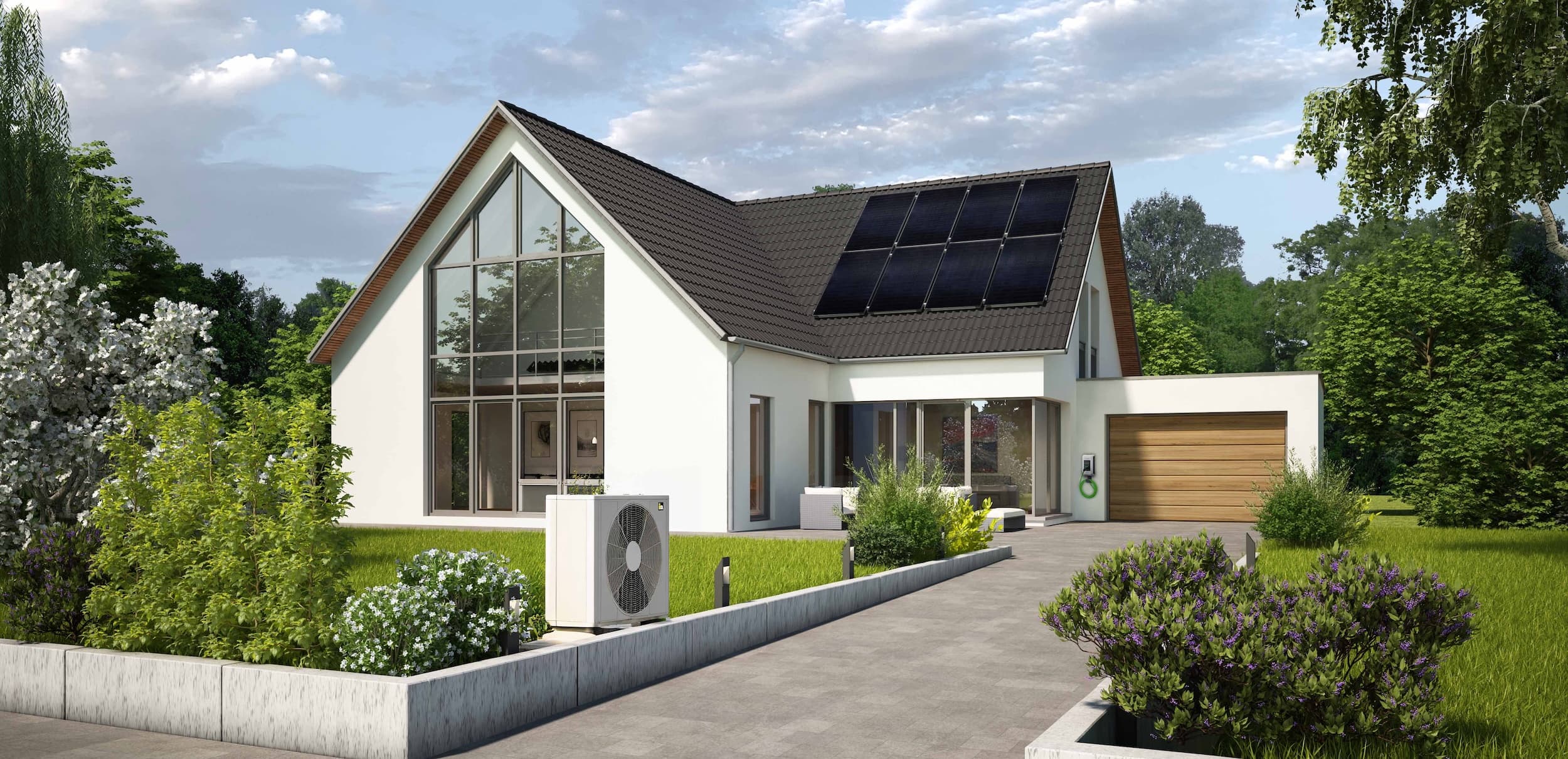 modernes Haus mit PV, Wärmepumpe und Wallbox